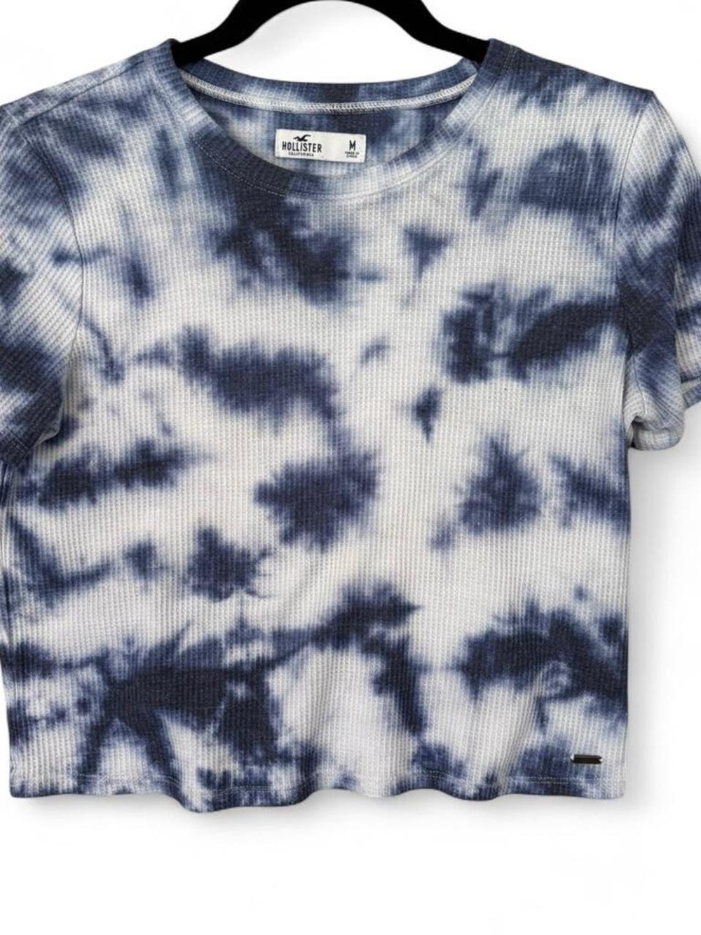 Hollister White and Navy Tie-Dye Ribbed Short Sleeve Tee